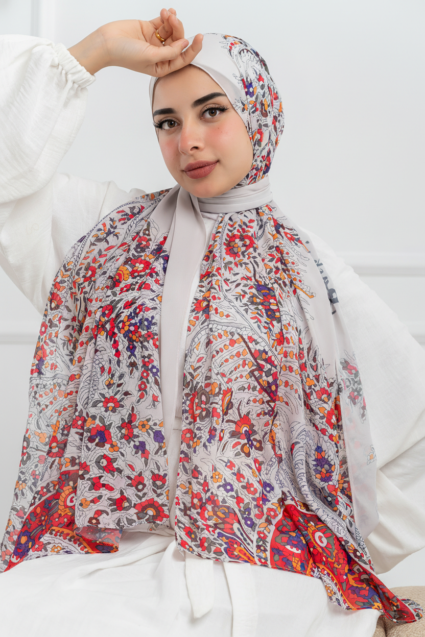Model wearing Sands of Shiraz chiffon hijab – front view with Persian floral pattern