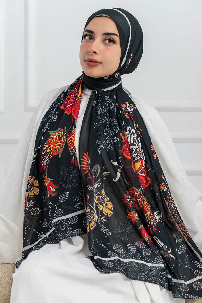 Model wearing Scarlet of Granada chiffon hijab – front view with Andalusian floral print