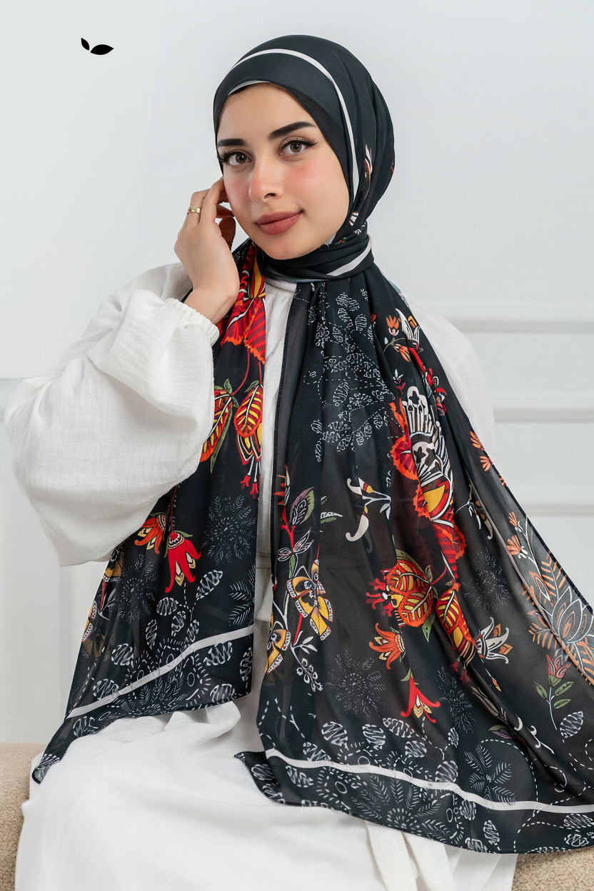 Model wearing Scarlet of Granada chiffon hijab – front view with Andalusian floral print