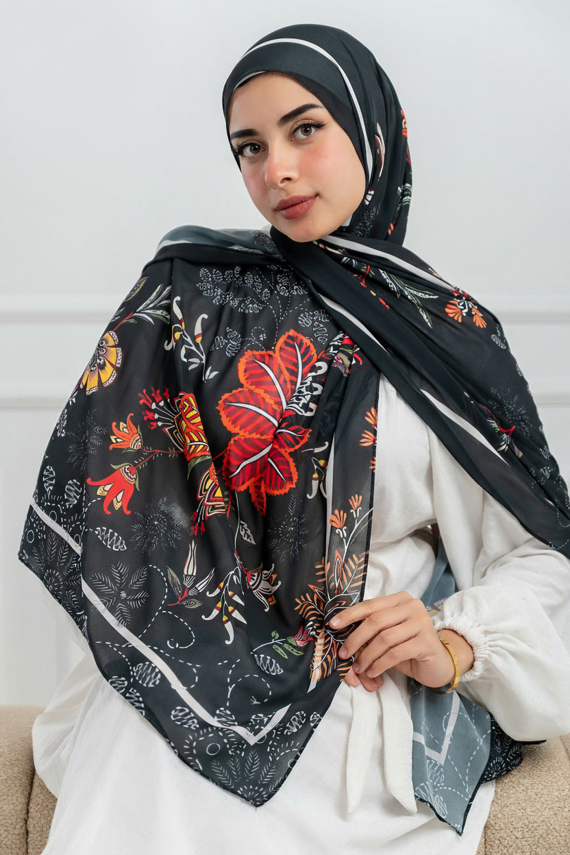 Model wearing Scarlet of Granada chiffon hijab – front view with Andalusian floral print