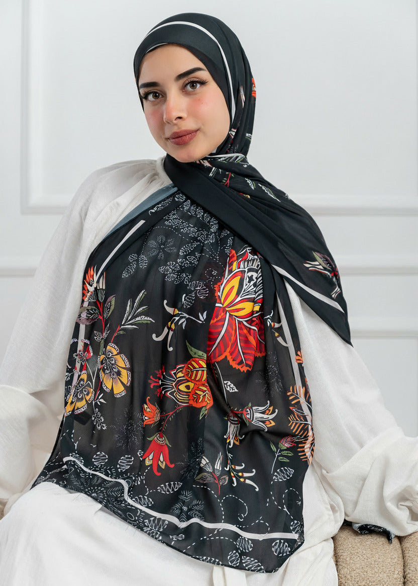 Model wearing Scarlet of Granada chiffon hijab – front view with Andalusian floral print